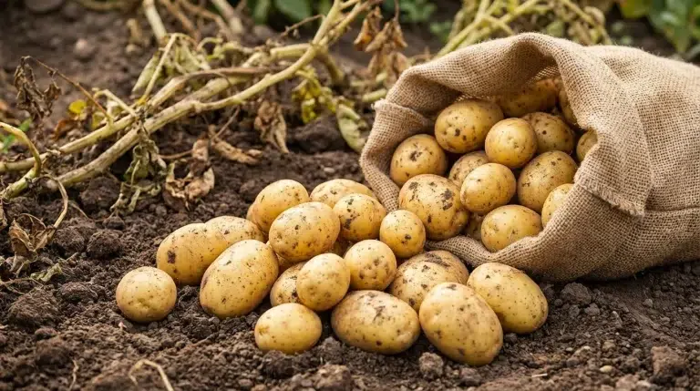 Gloved hands pulling a potato plant from soil, revealing clusters of fresh potatoes with roots