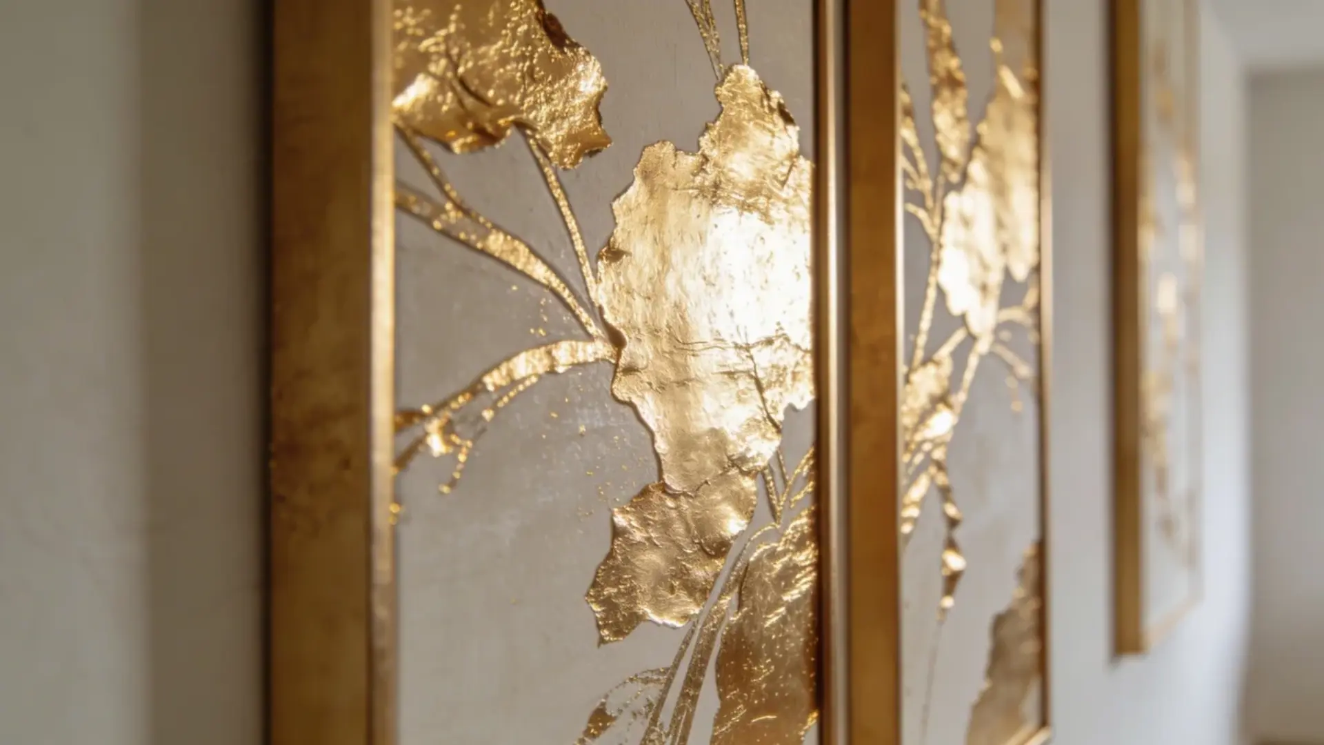 Gold leaf applied on a smooth surface showing reflective metallic finish H2 Materials You Need Before Starting Image Prompt Subject – Gold leaf sheets, adhesive, soft brushes, and sealer arranged