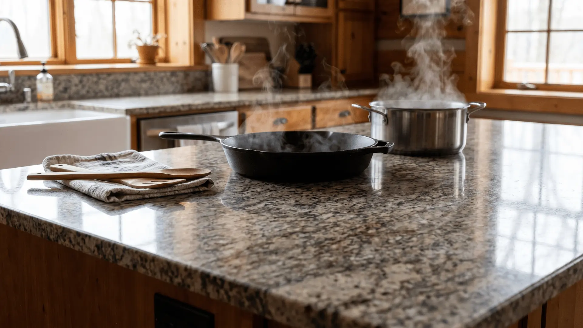 Granite kitchen countertop with hot cookware placed directly on the surface