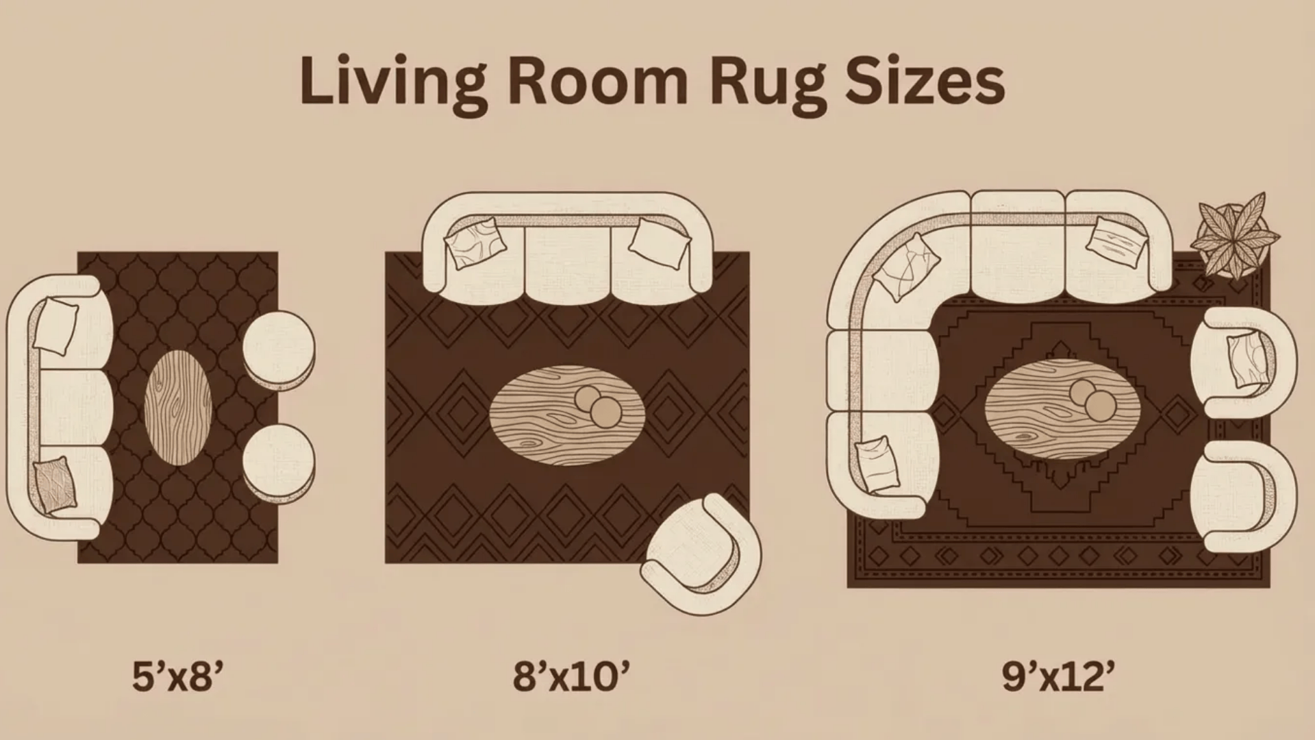 Graphic showing living room rug size layouts for 5'x8', 8'x10', and 9'x12' with different sofa and seating arrangements.