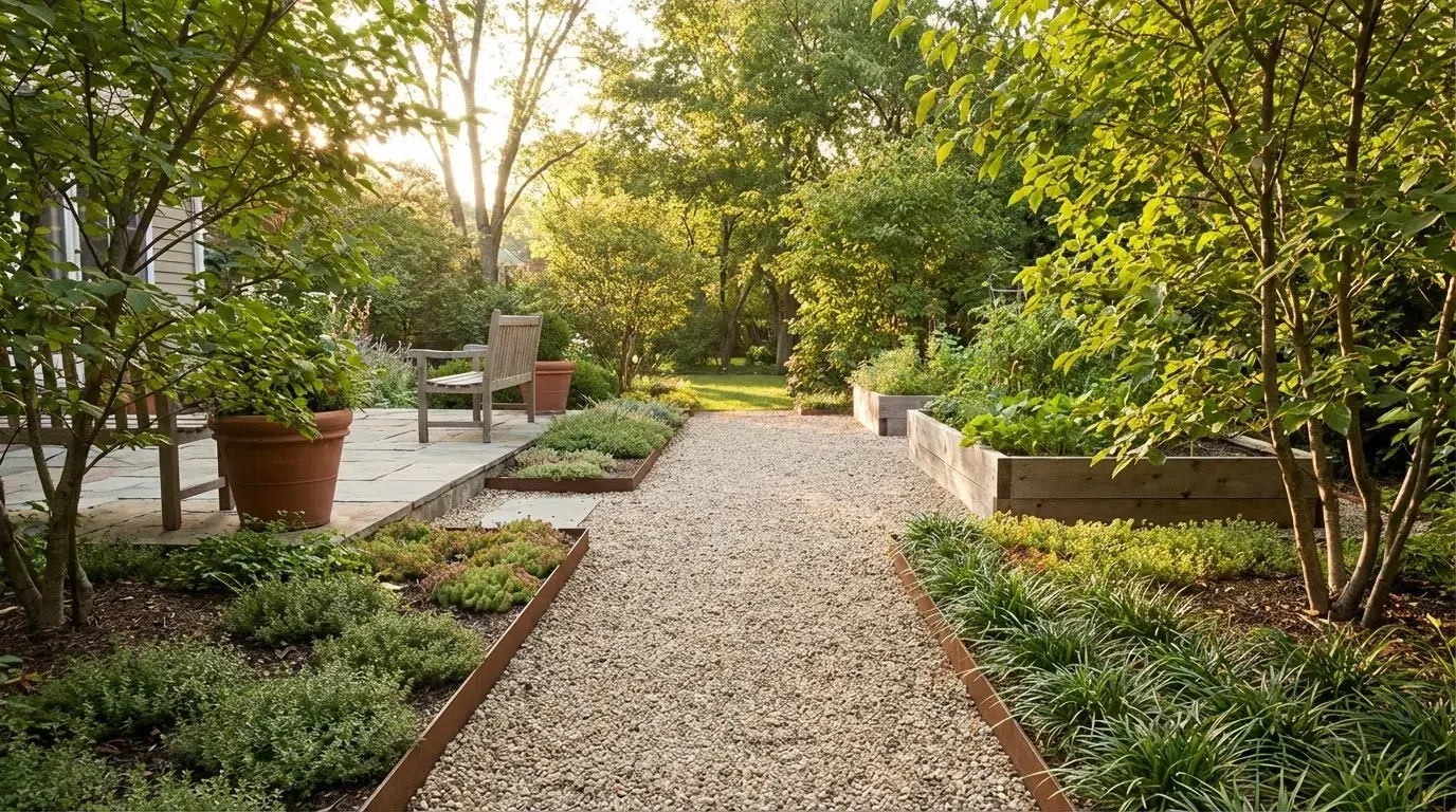 Gravel pathway with edging connecting backyard zones