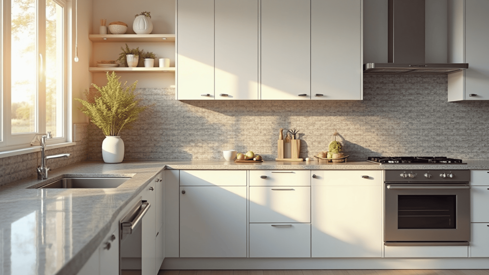 gray glass mosaic backsplash reflecting light in a modern kitchen with white cabinets and grey granite countertops