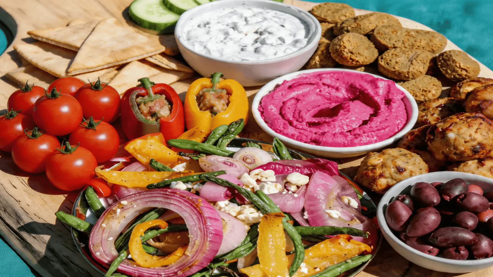 Greek appetizer charcuterie board with feta, kalamata olives, tzatziki, stuffed peppers, and pita arranged in a clean Mediterranean spread.