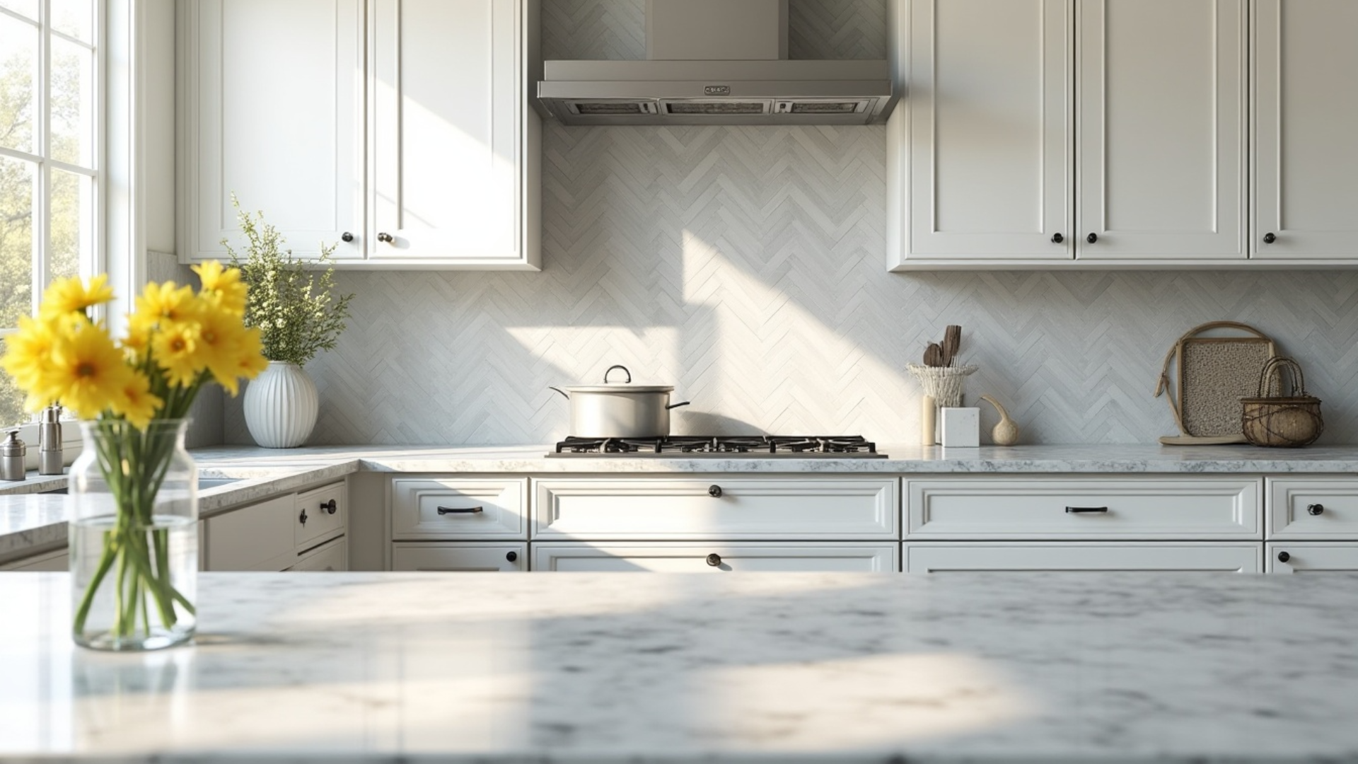 grey herringbone ceramic tile backsplash with zigzag pattern in a transitional kitchen with white cabinets (1)