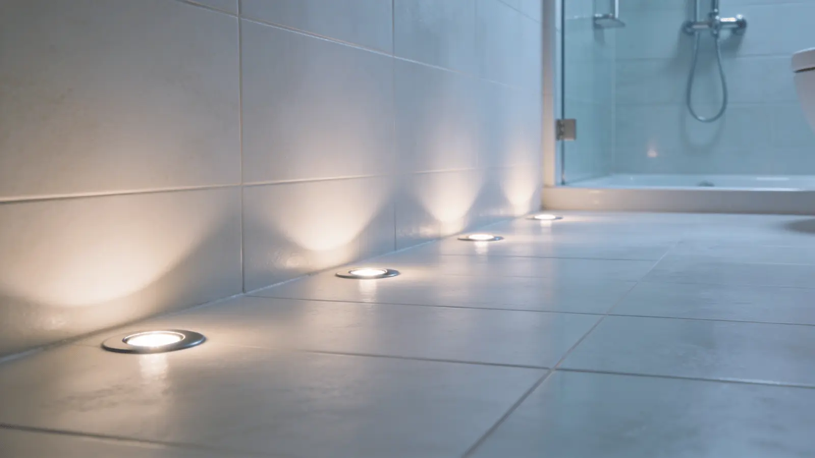 Ground-recessed LED lights along the base of a bathroom wall near a glass shower panel.