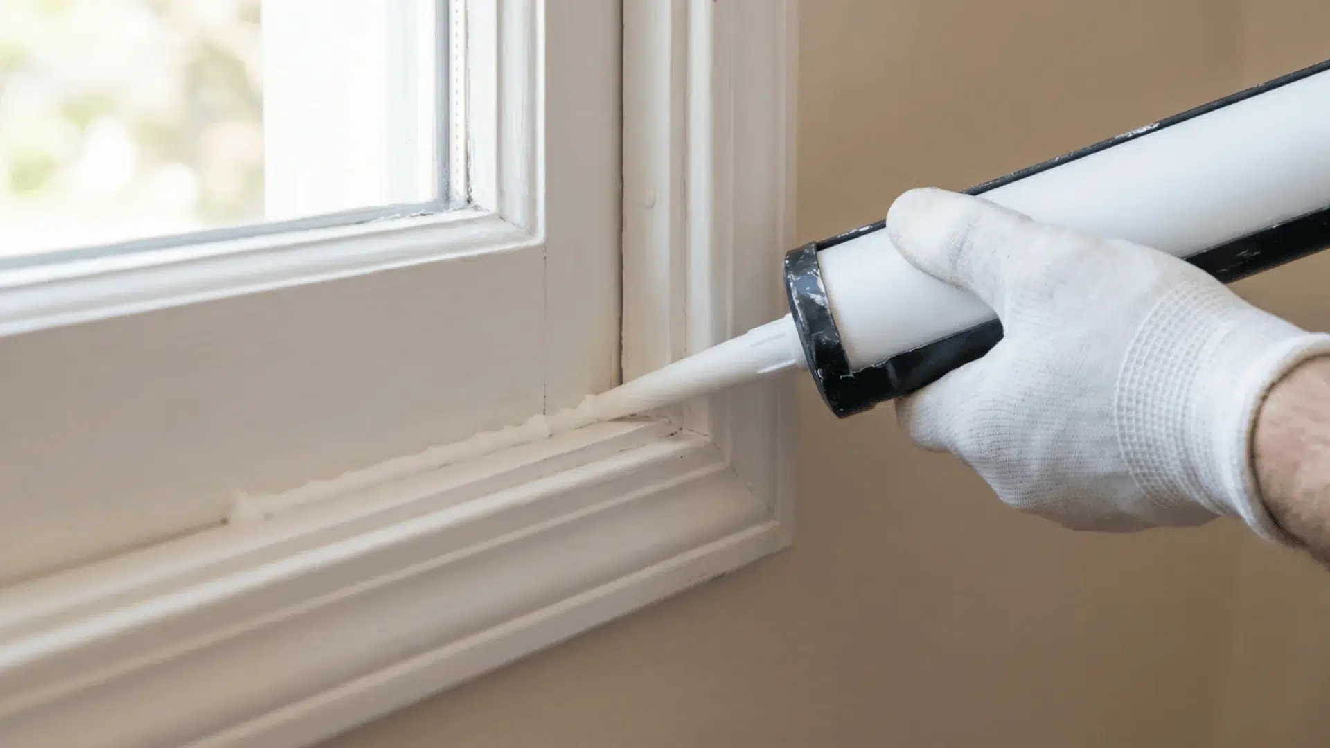 Hand applying sealant along window frame edge