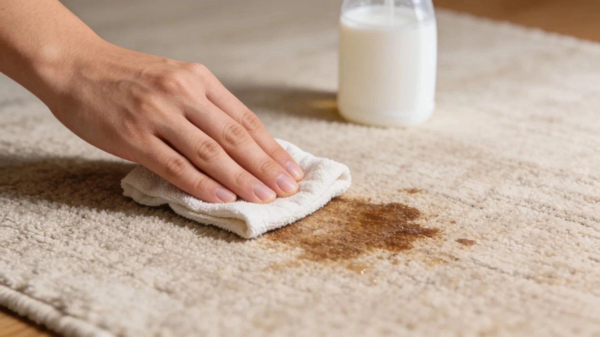 Hand blotting stain on rug with cloth