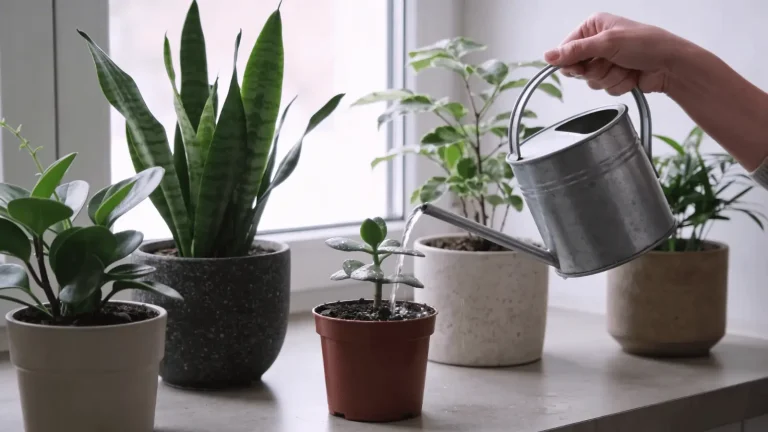 Hand watering several indoor potted plants near a window with natural light