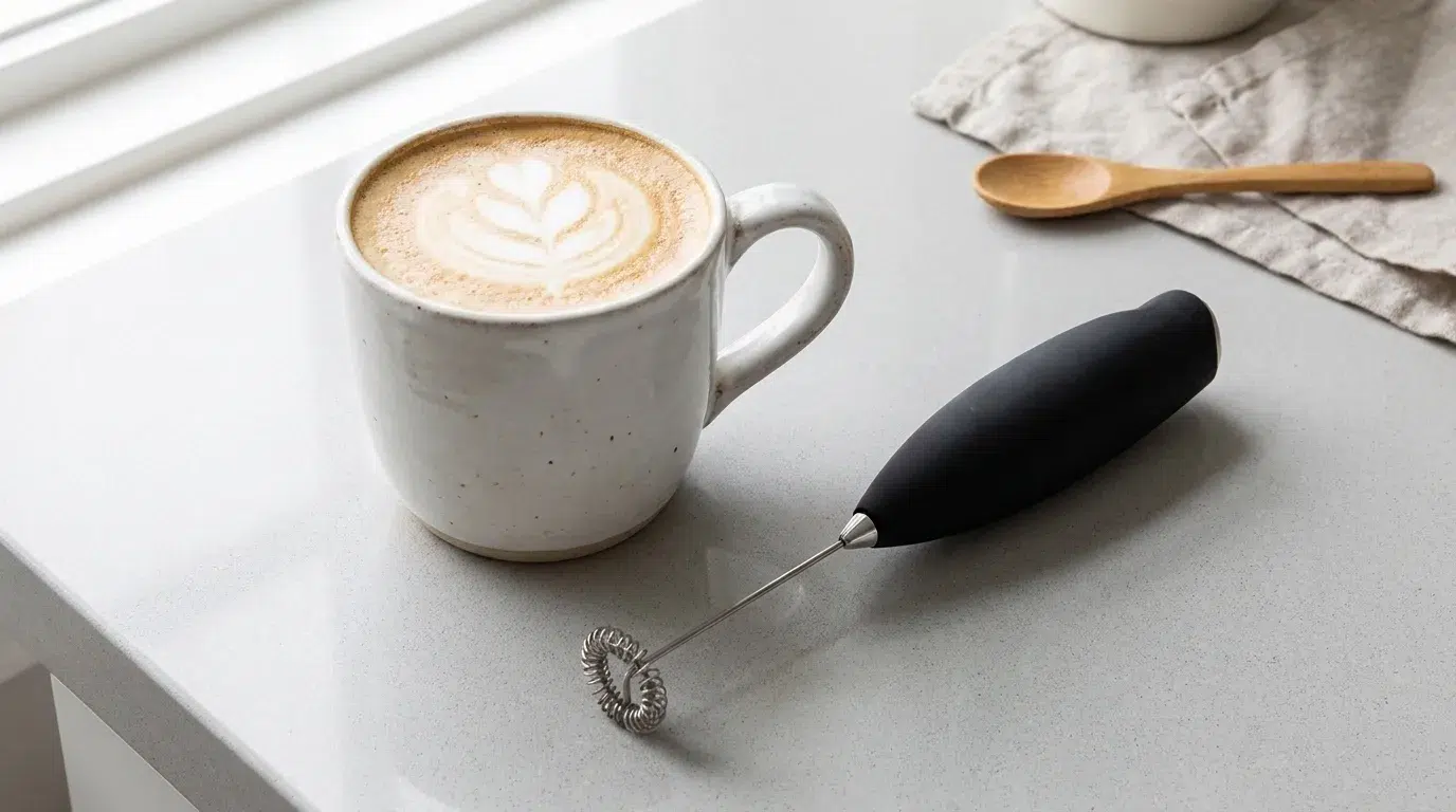 Handheld milk frother beside a frothy latte in a white ceramic mug on a countertop