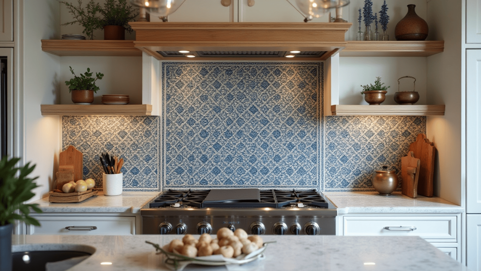 handmade blue zellige tile backsplash with artisan texture behind white cabinets and white granite countertops