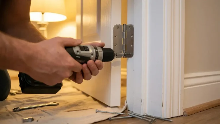 Hands using power drill to fix stainless steel door hinge on white wood door frame