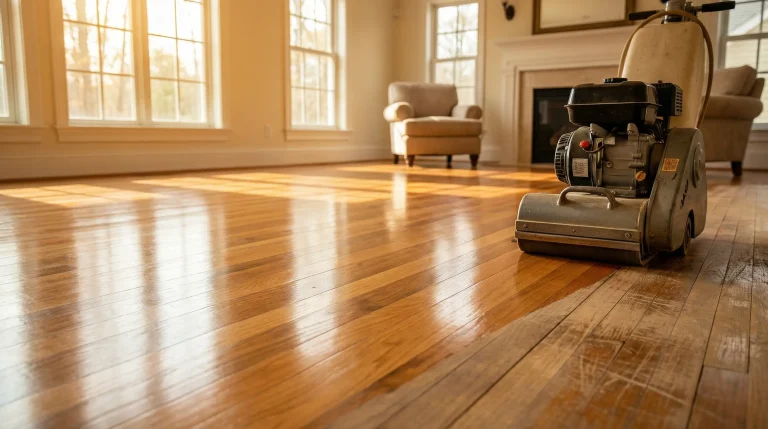 Floor sander on hardwood floor in sunlit living room with armchair and fireplace