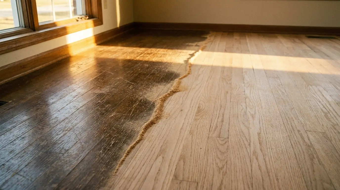 Hardwood floor in transition from dark to light wood finish in sunlit room