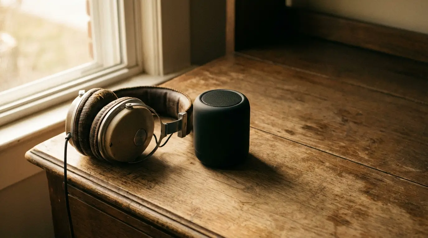 Headphones and wireless speaker on wooden desk near window in warm natural light