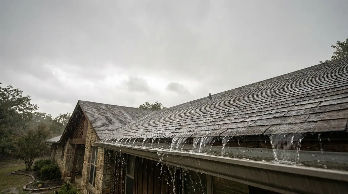 Rainwater overflowing from shingled roof of stone house during storm