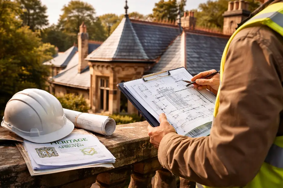 Architect reviewing blueprints next to heritage building with hard hat and approval documents nearby