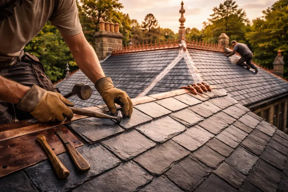 Two workers installing slate tiles on a historic building roof at sunset