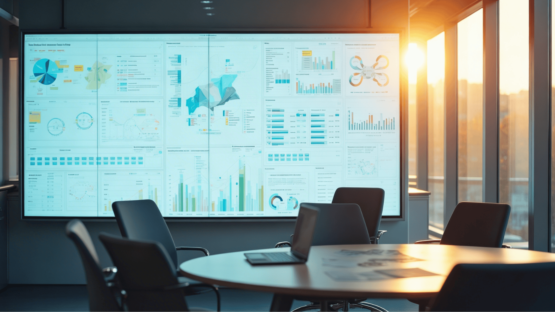 high-tech meeting room with large digital dashboard displaying data charts and analytics near floor-to-ceiling windows