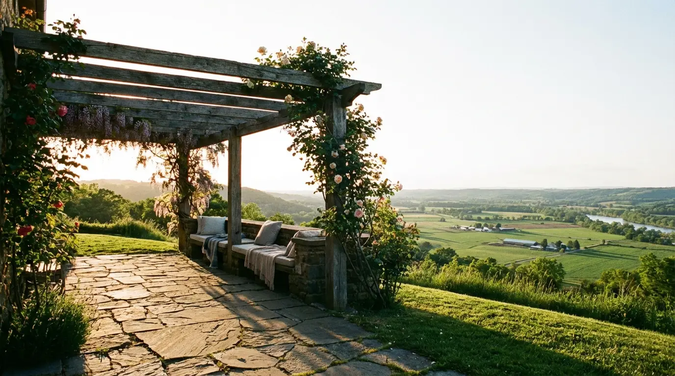 Stone patio with wooden pergola and climbing flowers overlooking vast green countryside at sunset
