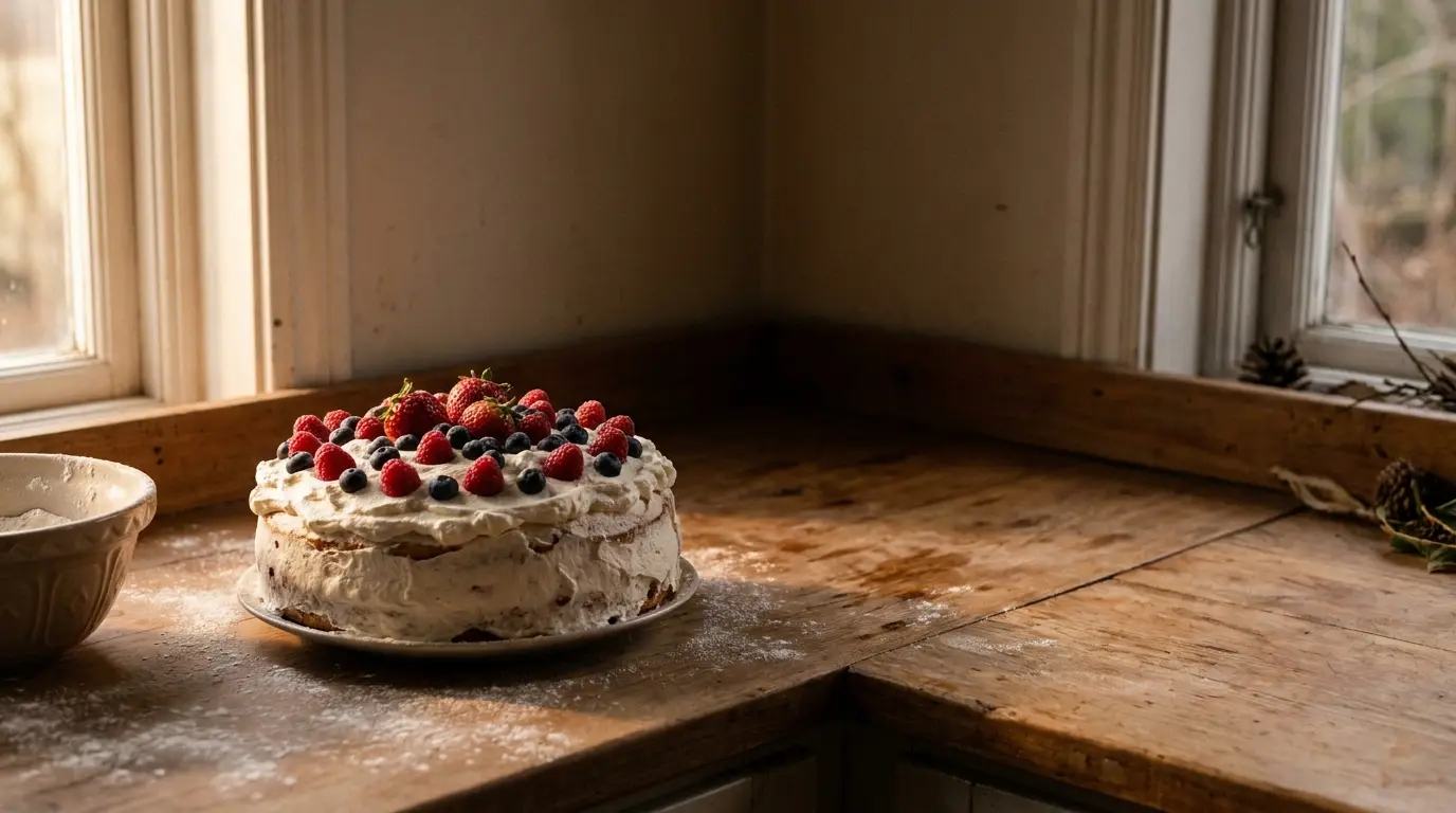 Cake topped with berries on a rustic wooden countertop near a window in warm light