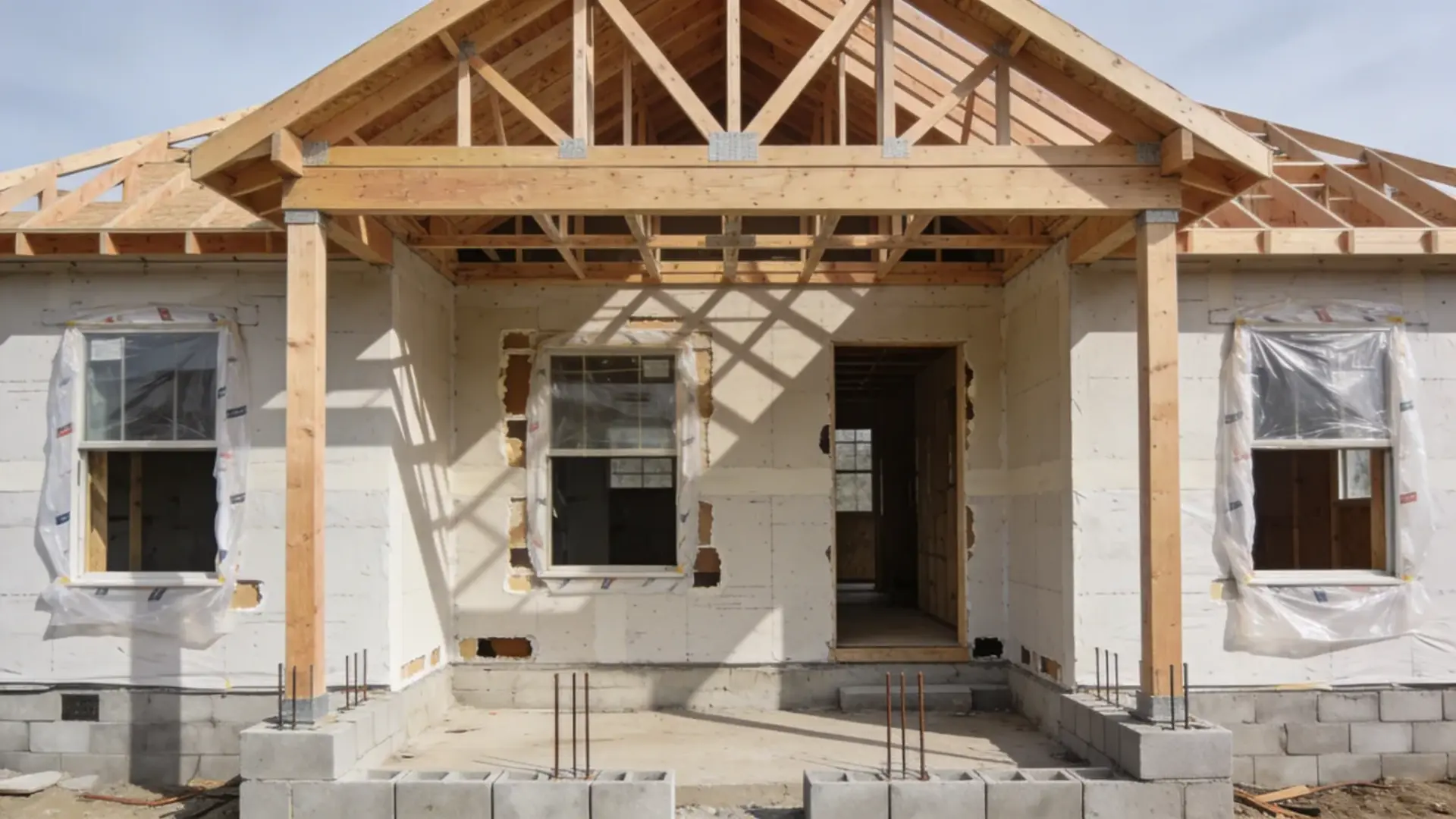 House exterior showing roof framing, walls, windows, and foundation work during early construction stage