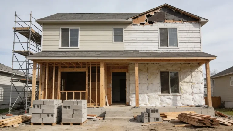 House exterior under renovation with scaffolding and construction materials around it