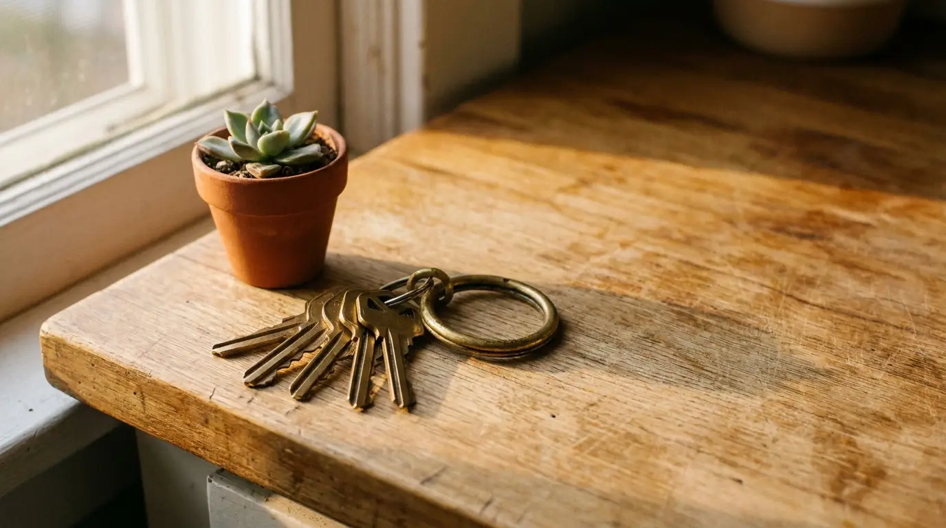 Keys on metal ring beside small potted succulent on wooden windowsill