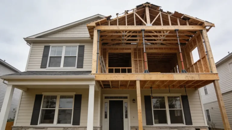 House with second floor under construction and exposed structure after roof removal