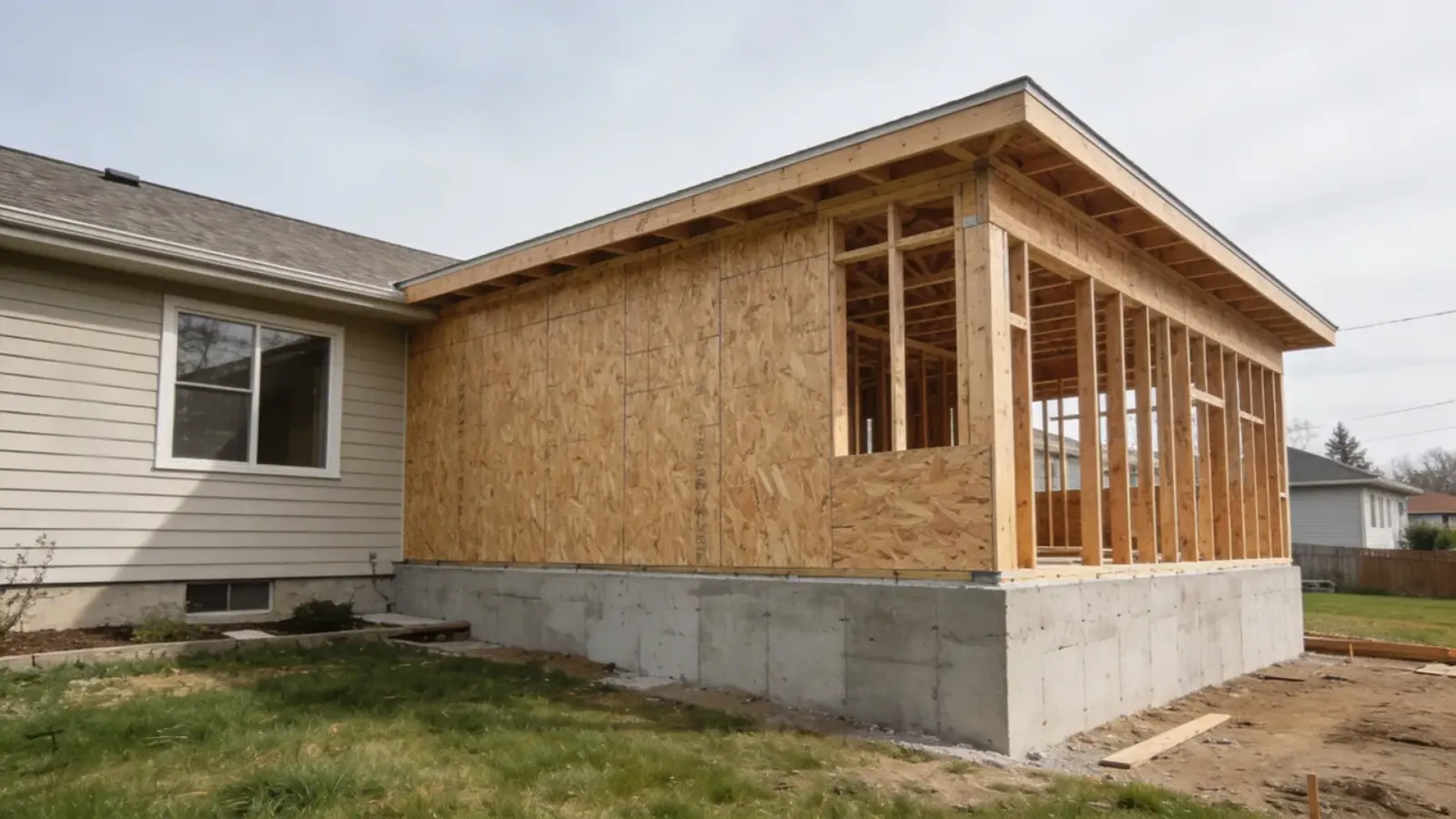 House with side extension showing new foundation and wall framing in progress