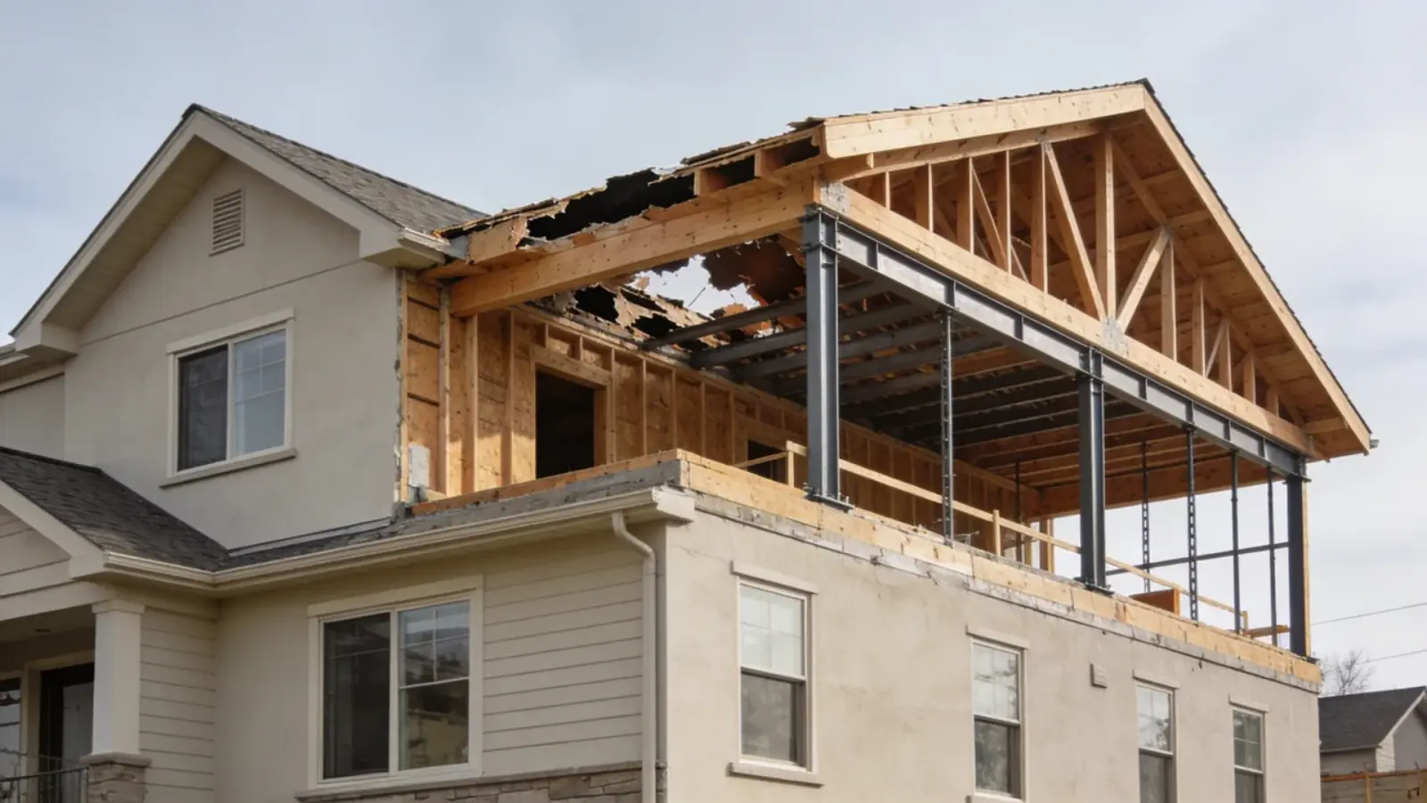 House with upper floor framing under construction and partially removed roof