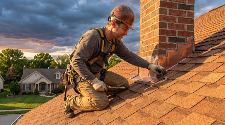 Roofer working on chimney flashing installation under evening sky on shingle roof