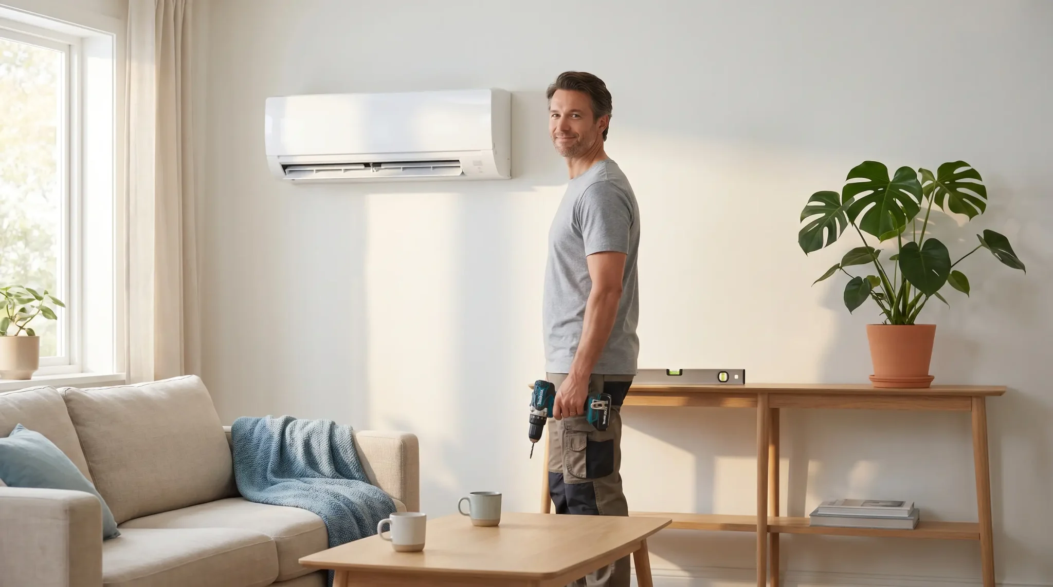 Man holding power drill in bright living room with air conditioner and potted plants