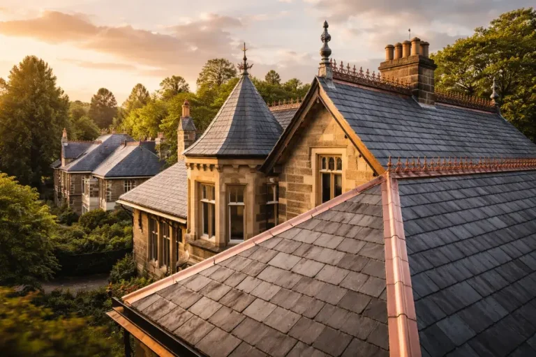 Historic Victorian house with slate roof and turrets surrounded by lush greenery at sunset