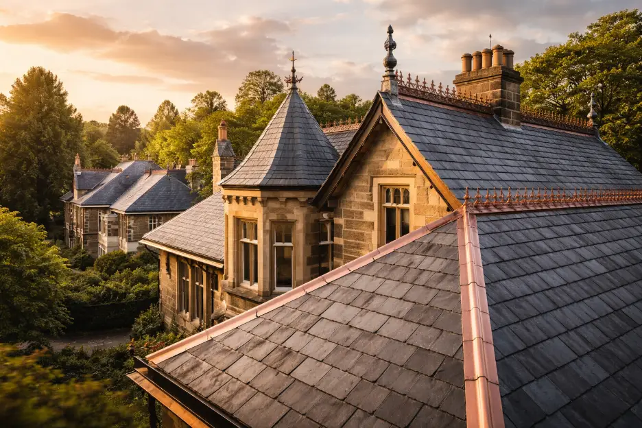 Historic Victorian house with slate roof and turrets surrounded by lush greenery at sunset