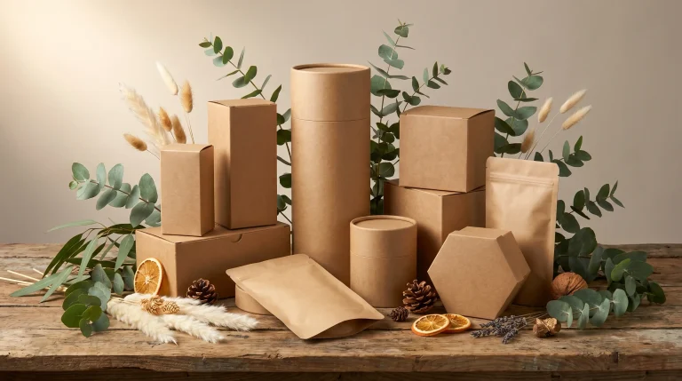 Craft paper packaging surrounded by eucalyptus leaves and dried botanicals on rustic wooden table