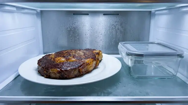 Seared steak on white plate next to glass container inside refrigerator