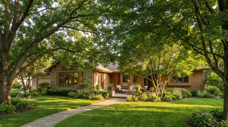 Brown ranch-style house surrounded by lush garden and mature trees in sunny backyard setting