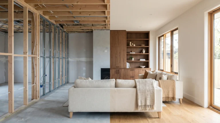 Split image showing room construction transition from unfinished to completed living area with sofa and wooden shelves