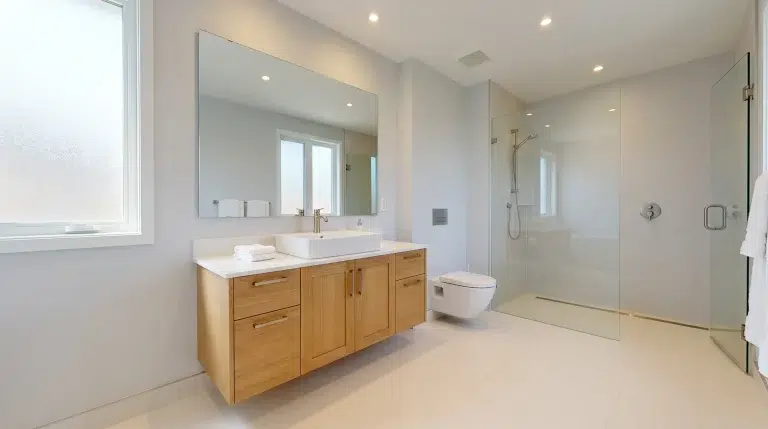 Modern bathroom with glass shower, wooden vanity, large mirror, and natural light from window