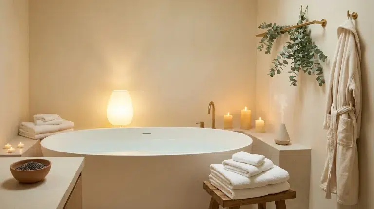 Spa-like bathroom with freestanding tub, lit candles, eucalyptus branches, and folded towels