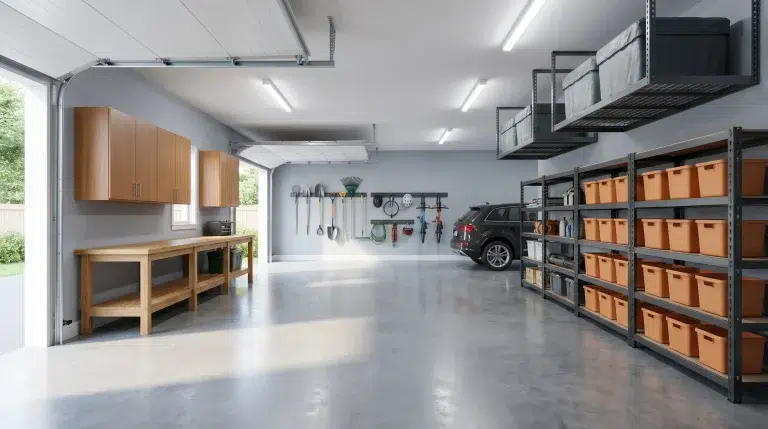Spacious organized garage with shelving, storage bins, workbench, and tools on a gray wall
