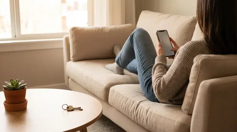 Person relaxing on beige couch using smartphone with potted plant and keys on wooden table