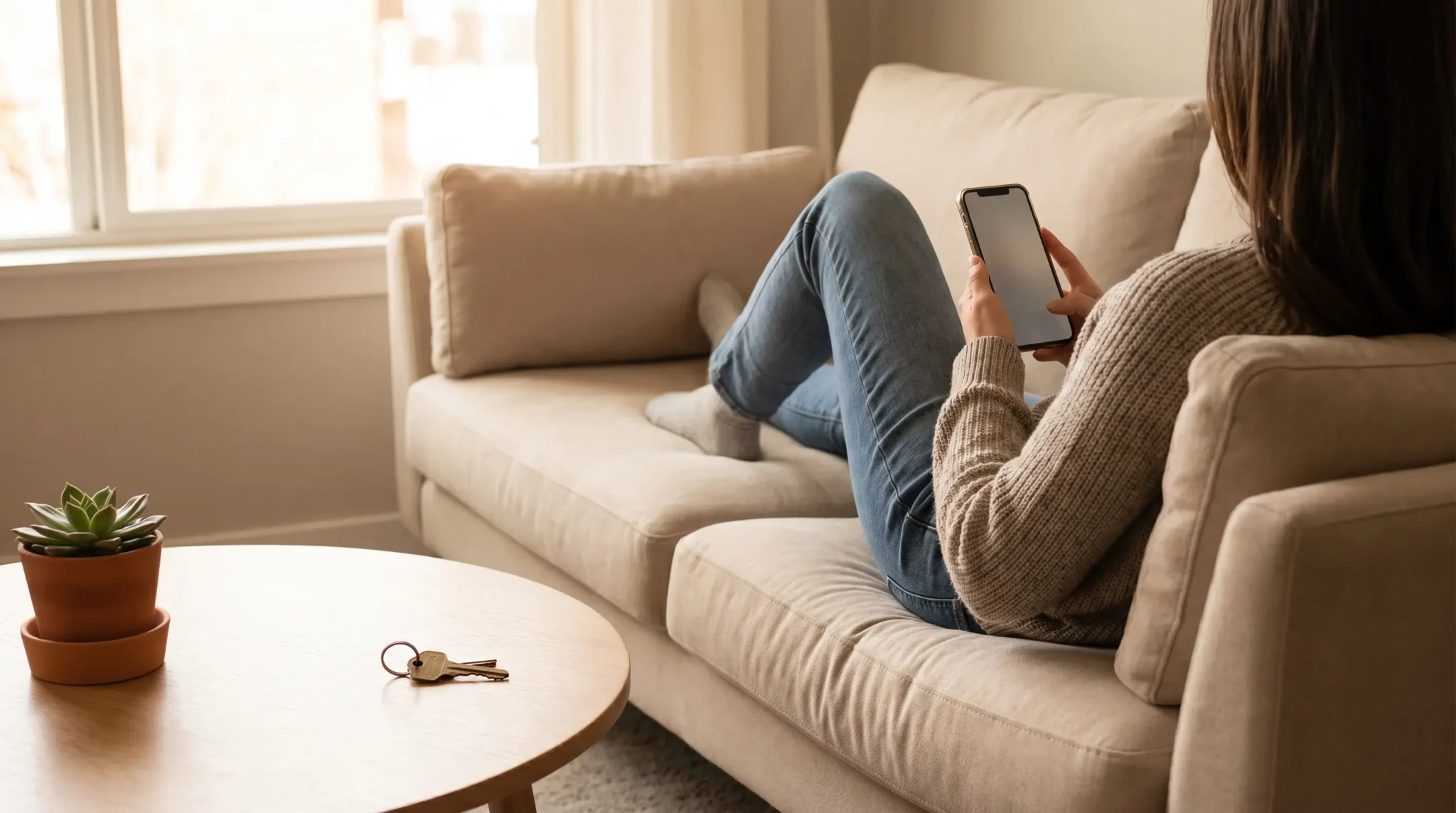 Person relaxing on beige couch using smartphone with potted plant and keys on wooden table