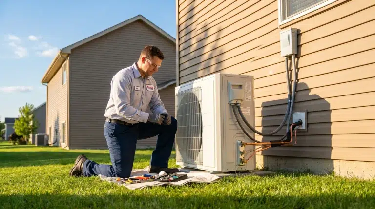 Technician kneeling by outdoor air conditioning unit on grass with toolset nearby