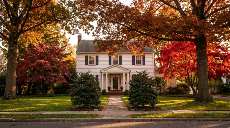 White colonial house surrounded by vibrant autumn trees and green lawn in warm sunlight