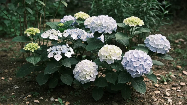 Hydrangea plants with different flower shapes growing together in a garden