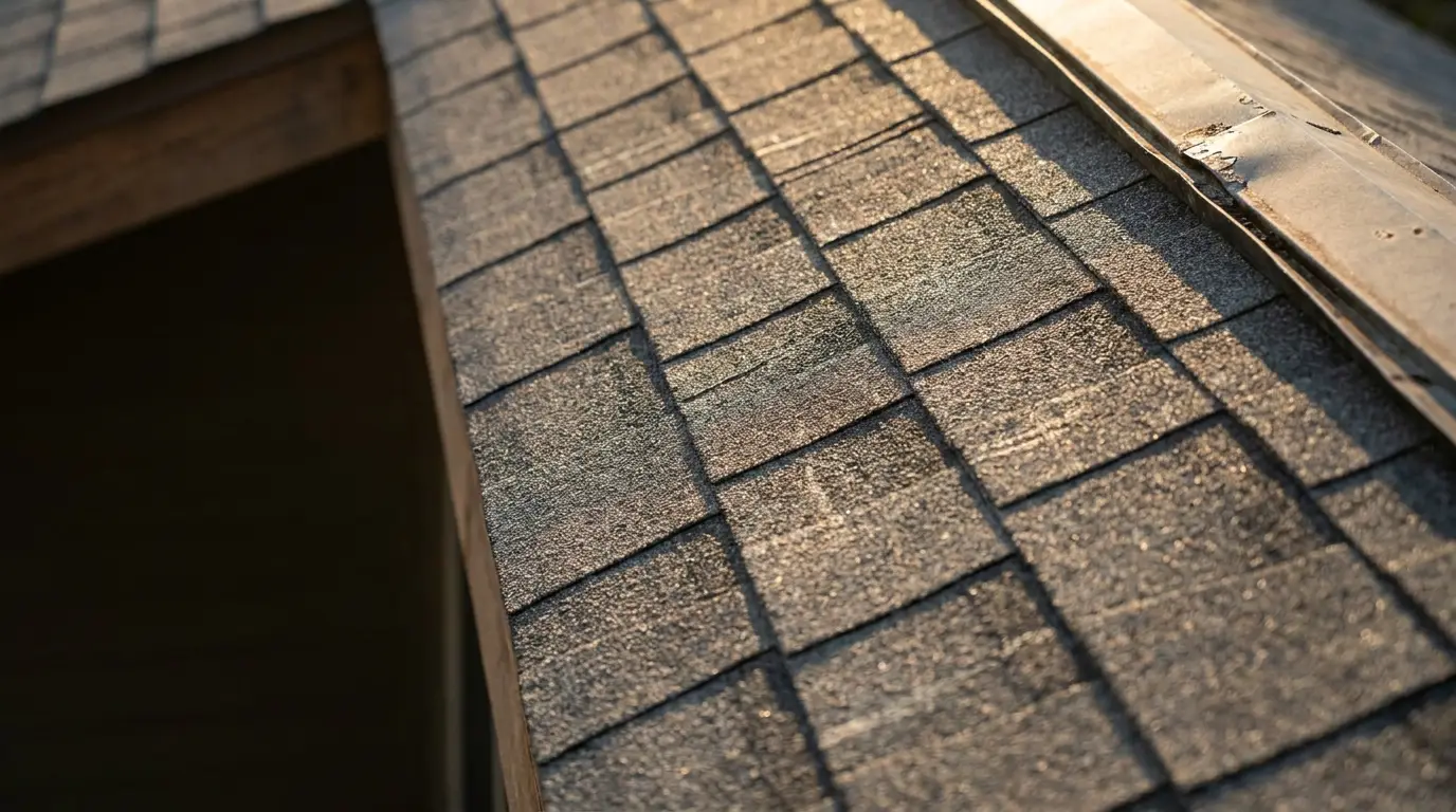 Close-up of asphalt roof shingles with sunlight creating a warm glow