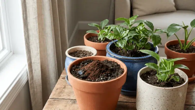 Indoor potted plants with coffee grounds mixed into the soil surface on a table near a window