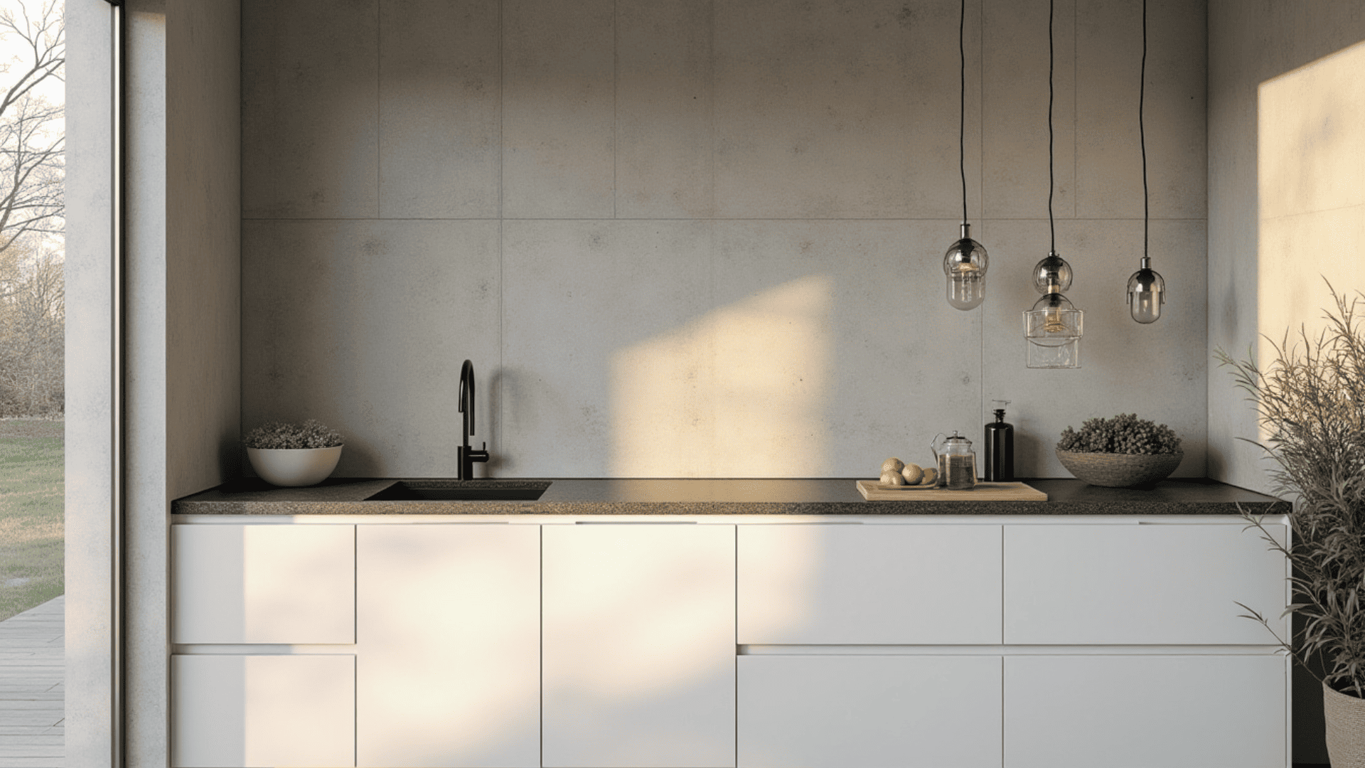 industrial concrete look porcelain tile backsplash, flat panel cabinets, charcoal granite countertops modern kitchen (1)