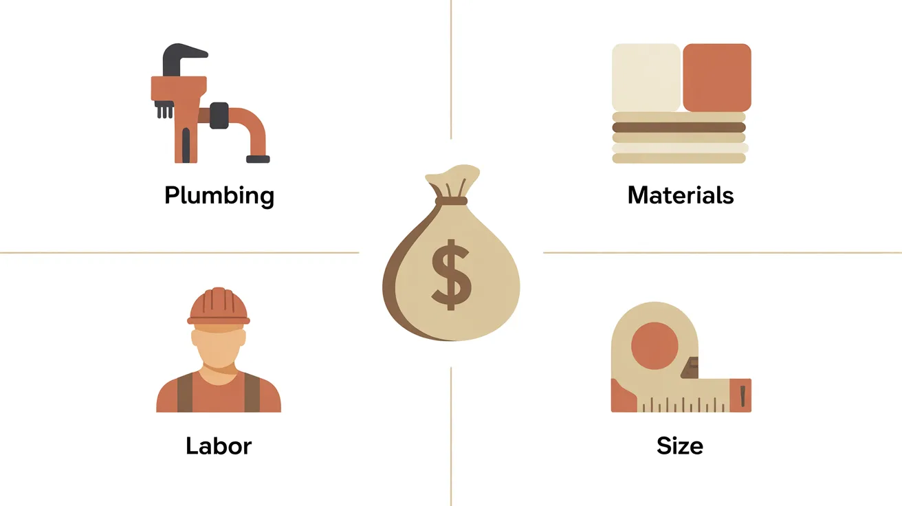 Infographic of four key bathroom addition cost factors, plumbing, materials, labor, and size